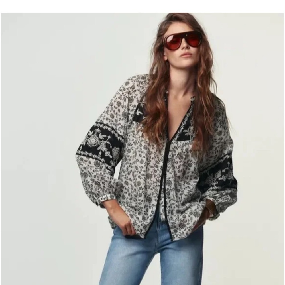 Zara Black and White Floral Blouse